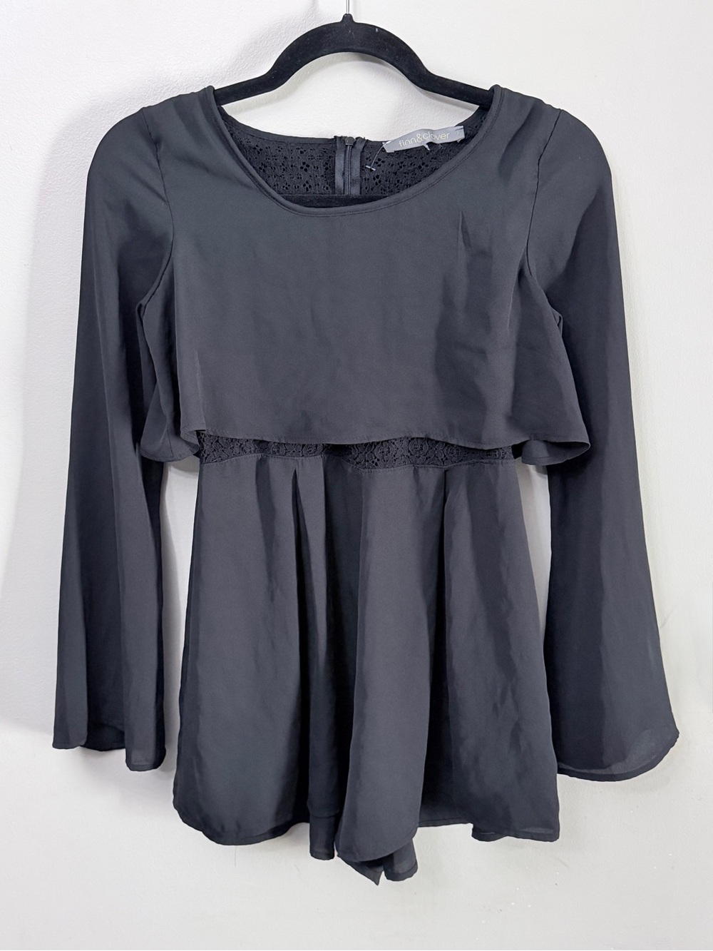 Finn & Clover Black Lace Inset Bell Sleeve Chiffon Romper